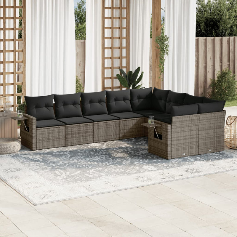 9 Piece Garden Sofa Set with Cushions Grey Poly Rattan