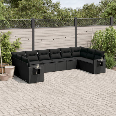 10 Piece Garden Sofa Set with Cushions Black Poly Rattan