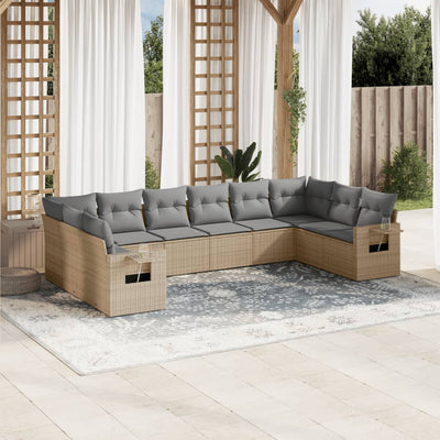 10 Piece Garden Sofa Set with Cushions Beige Poly Rattan