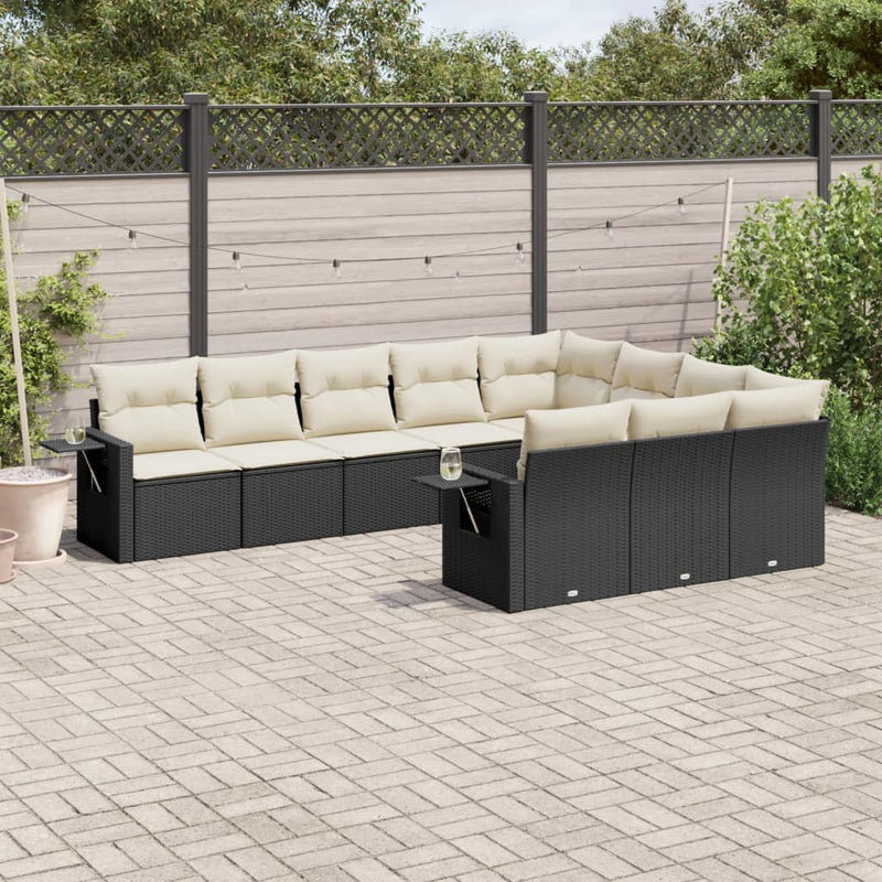 10 Piece Garden Sofa Set with Cushions Black Poly Rattan