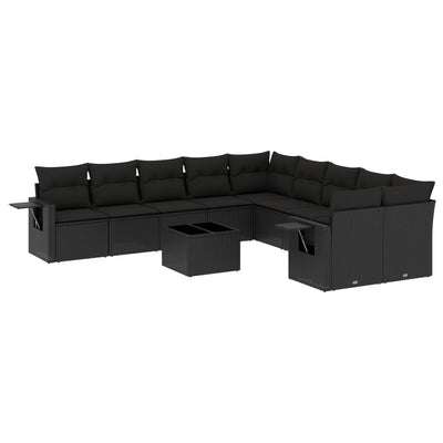 11 Piece Garden Sofa Set with Cushions Black Poly Rattan