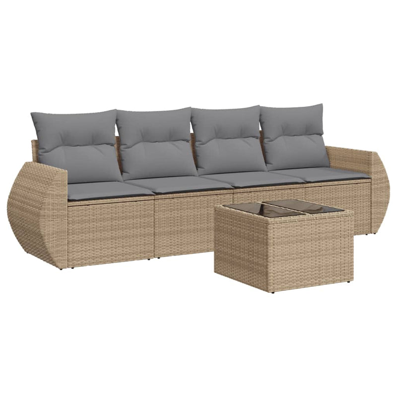 5 Piece Garden Sofa Set with Cushions Beige Poly Rattan