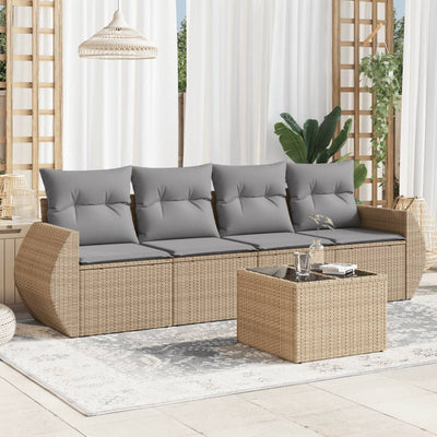 5 Piece Garden Sofa Set with Cushions Beige Poly Rattan