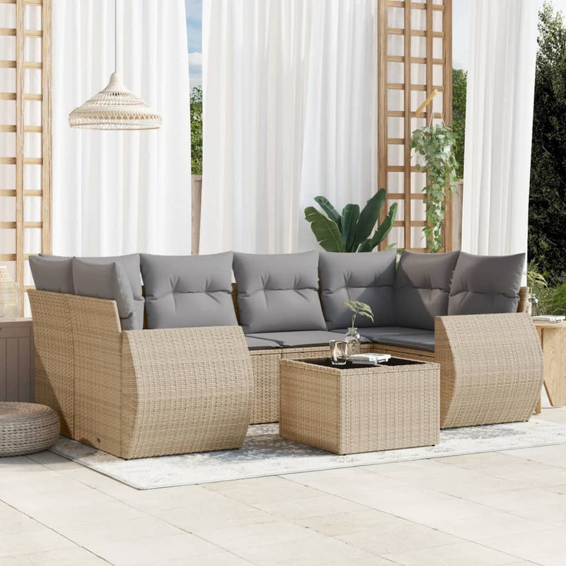 7 Piece Garden Sofa Set with Cushions Beige Poly Rattan