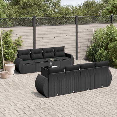 9 Piece Garden Sofa Set with Cushions Black Poly Rattan