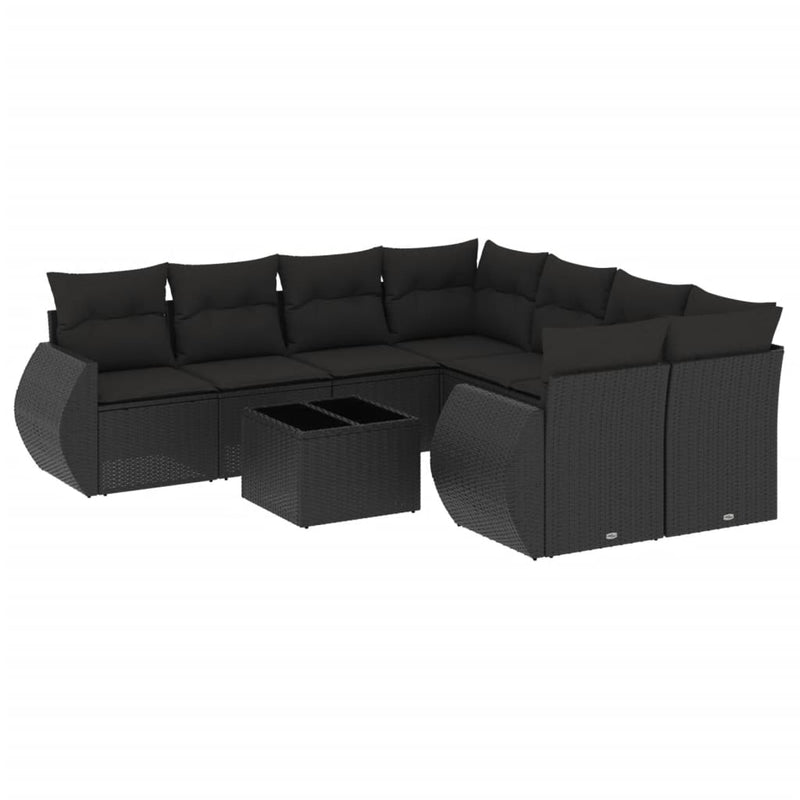 9 Piece Garden Sofa Set with Cushions Black Poly Rattan