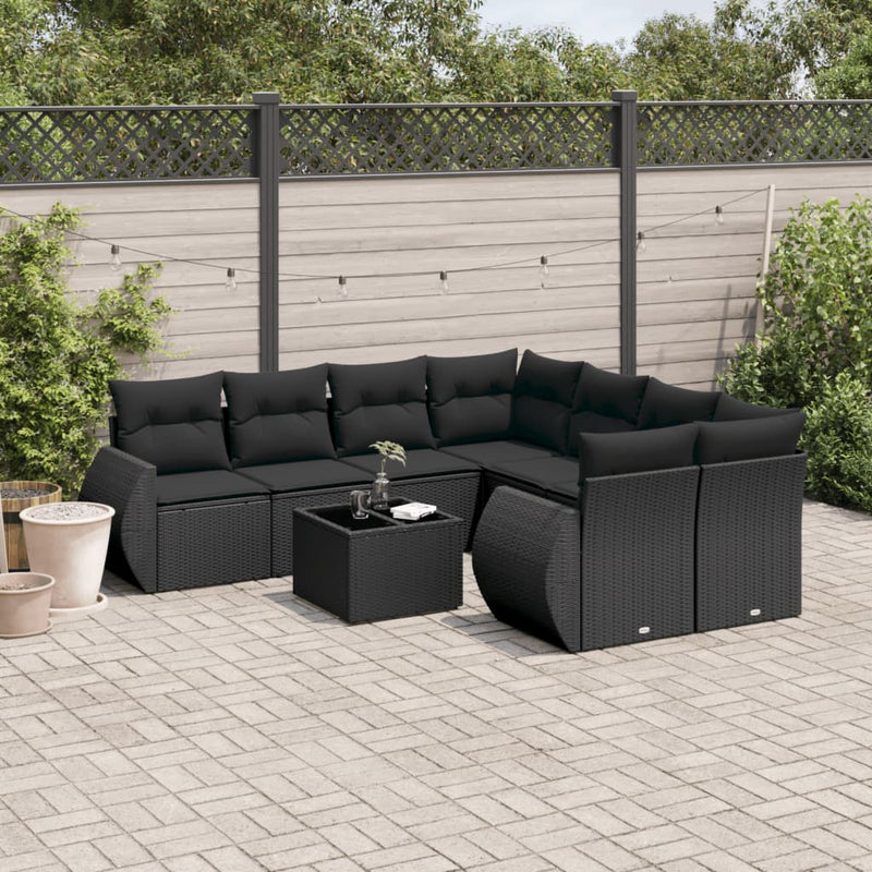 9 Piece Garden Sofa Set with Cushions Black Poly Rattan