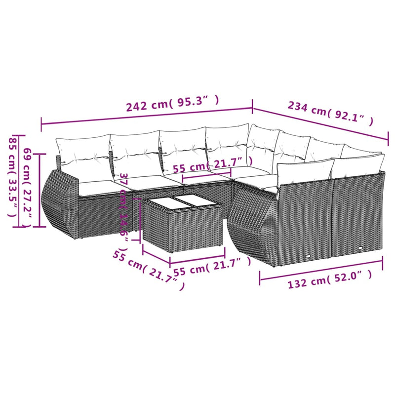 9 Piece Garden Sofa Set with Cushions Grey Poly Rattan