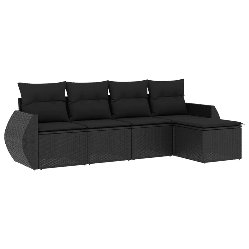 5 Piece Garden Sofa Set with Cushions Black Poly Rattan