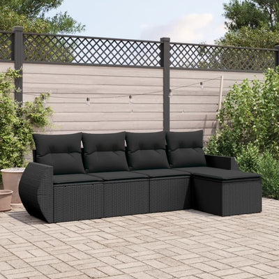 5 Piece Garden Sofa Set with Cushions Black Poly Rattan