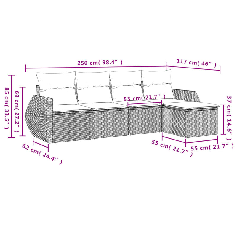 5 Piece Garden Sofa Set with Cushions Grey Poly Rattan