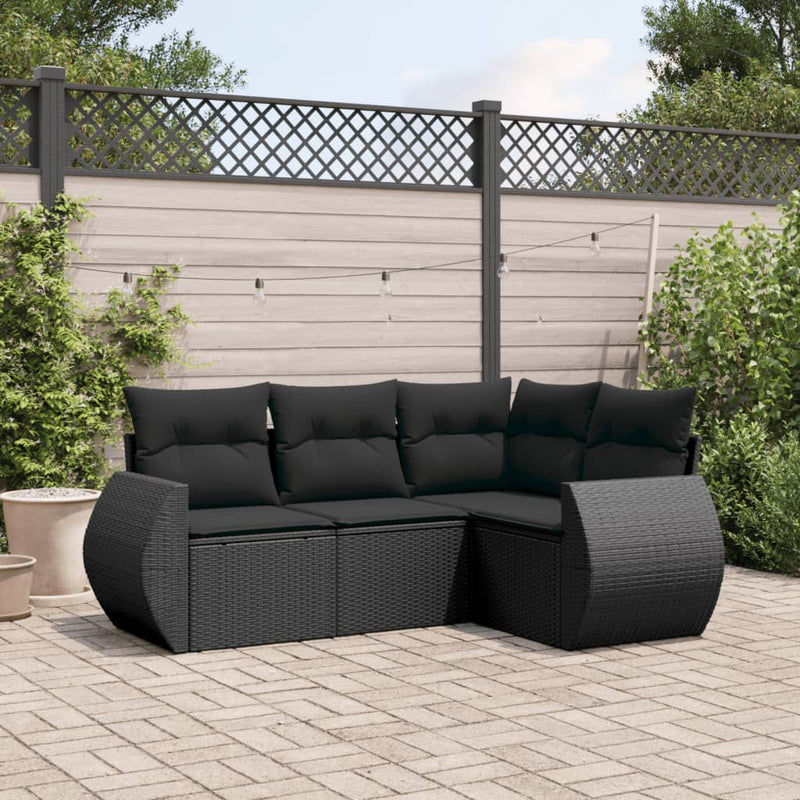 4 Piece Garden Sofa Set with Cushions Black Poly Rattan