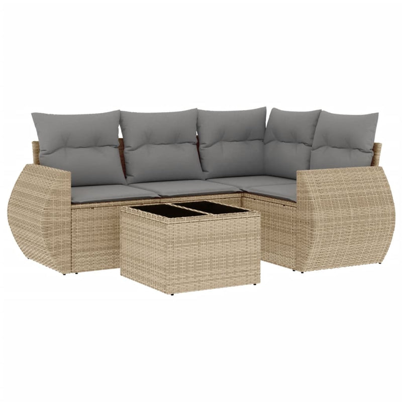 5 Piece Garden Sofa Set with Cushions Beige Poly Rattan