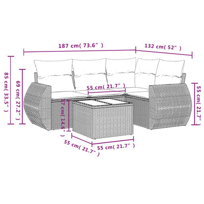 5 Piece Garden Sofa Set with Cushions Grey Poly Rattan