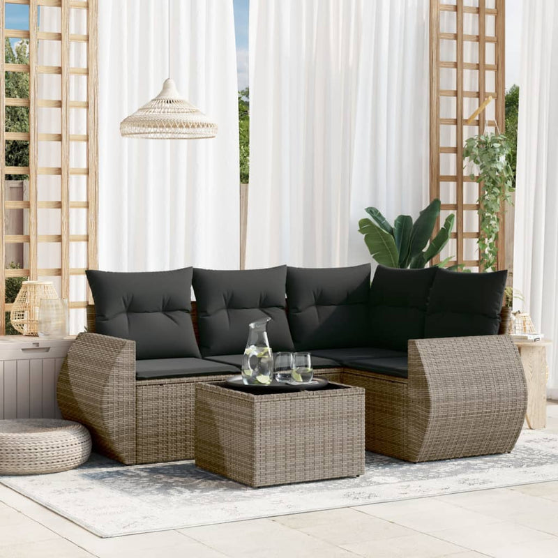 5 Piece Garden Sofa Set with Cushions Grey Poly Rattan