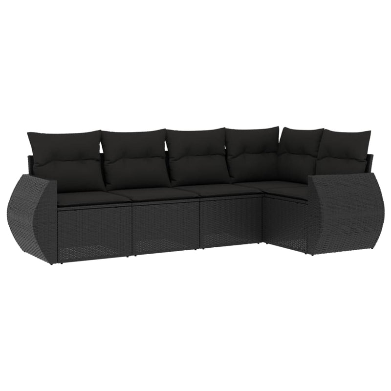 5 Piece Garden Sofa Set with Cushions Black Poly Rattan