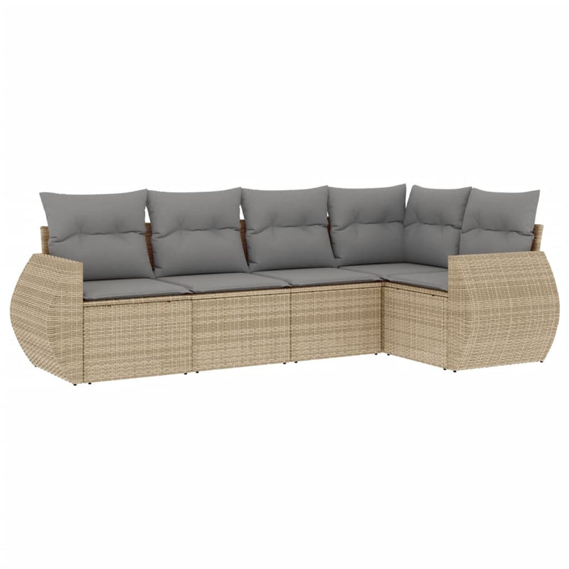 5 Piece Garden Sofa Set with Cushions Beige Poly Rattan