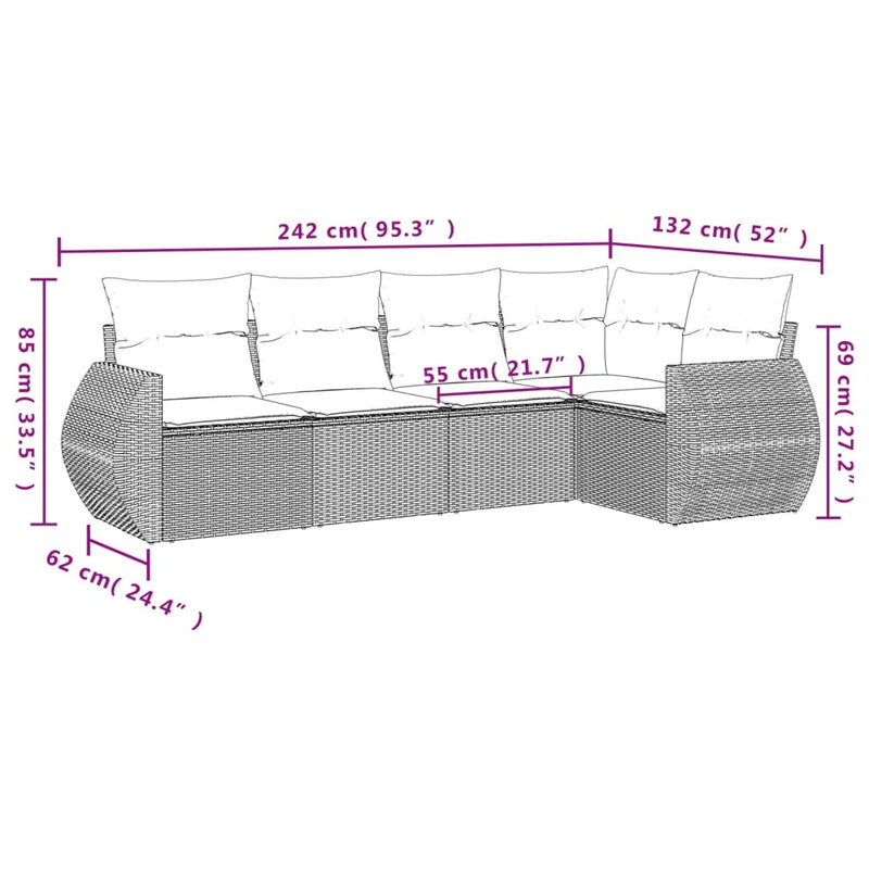 5 Piece Garden Sofa Set with Cushions Grey Poly Rattan