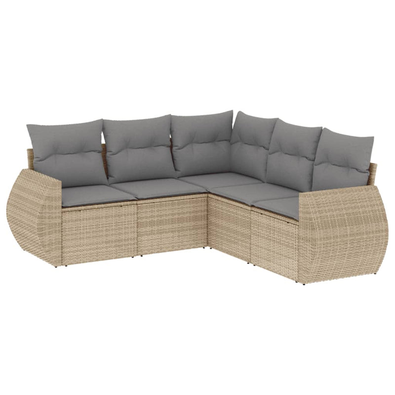 5 Piece Garden Sofa Set with Cushions Beige Poly Rattan