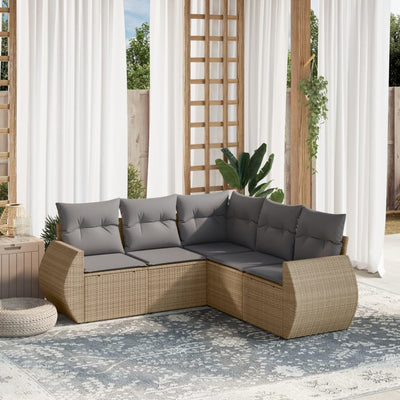 5 Piece Garden Sofa Set with Cushions Beige Poly Rattan