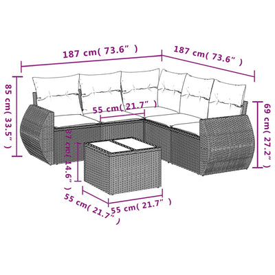 6 Piece Garden Sofa Set with Cushions Grey Poly Rattan