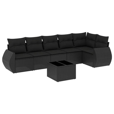 7 Piece Garden Sofa Set with Cushions Black Poly Rattan