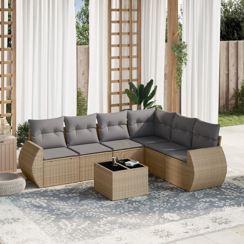 7 Piece Garden Sofa Set with Cushions Beige Poly Rattan