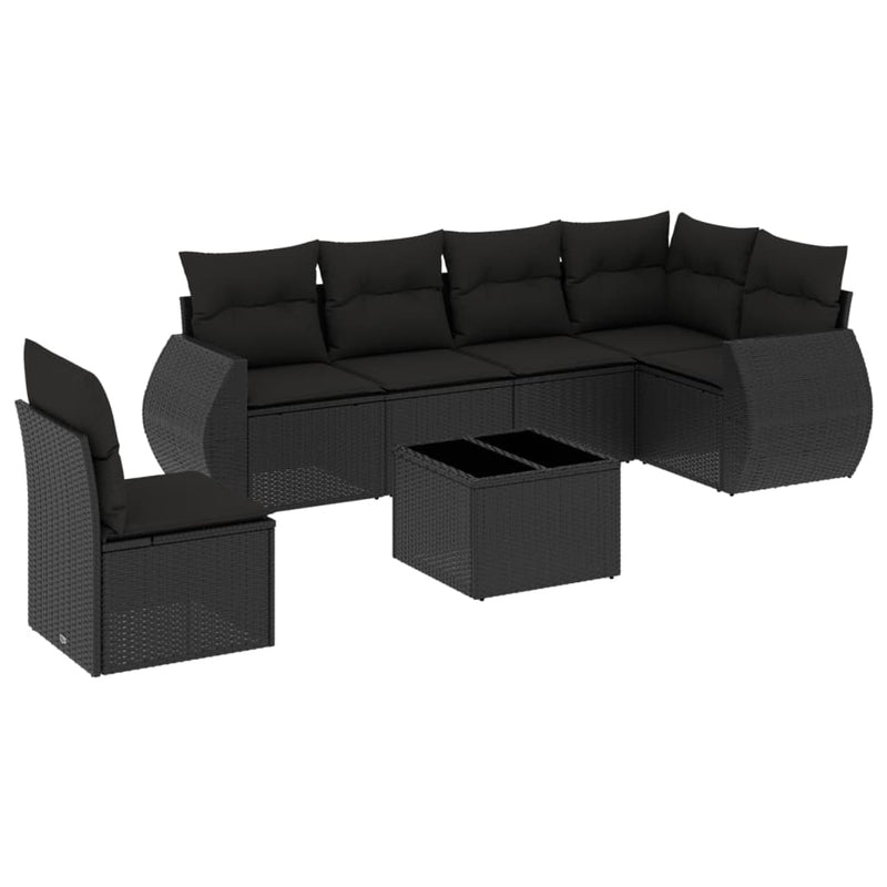 7 Piece Garden Sofa Set with Cushions Black Poly Rattan