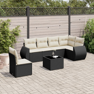 7 Piece Garden Sofa Set with Cushions Black Poly Rattan