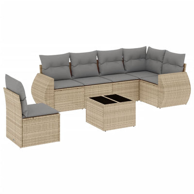 7 Piece Garden Sofa Set with Cushions Beige Poly Rattan