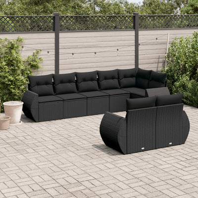 8 Piece Garden Sofa Set with Cushions Black Poly Rattan