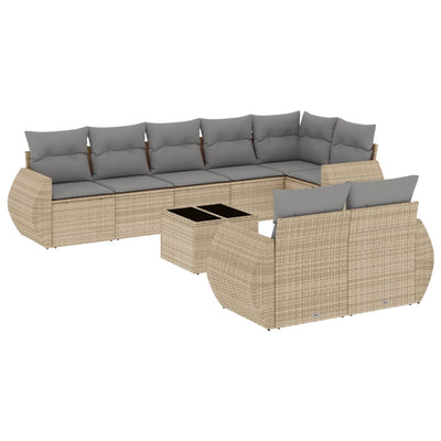 9 Piece Garden Sofa Set with Cushions Beige Poly Rattan