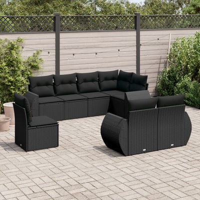 8 Piece Garden Sofa Set with Cushions Black Poly Rattan