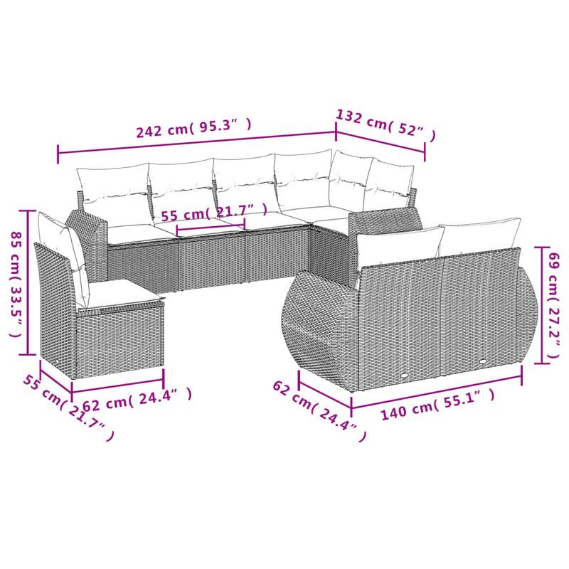 8 Piece Garden Sofa Set with Cushions Grey Poly Rattan