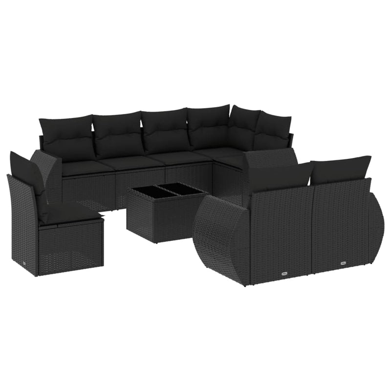 9 Piece Garden Sofa Set with Cushions Black Poly Rattan