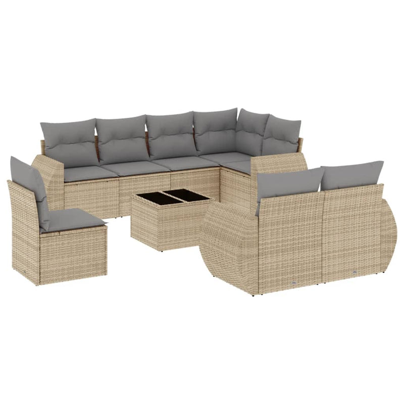 9 Piece Garden Sofa Set with Cushions Beige Poly Rattan