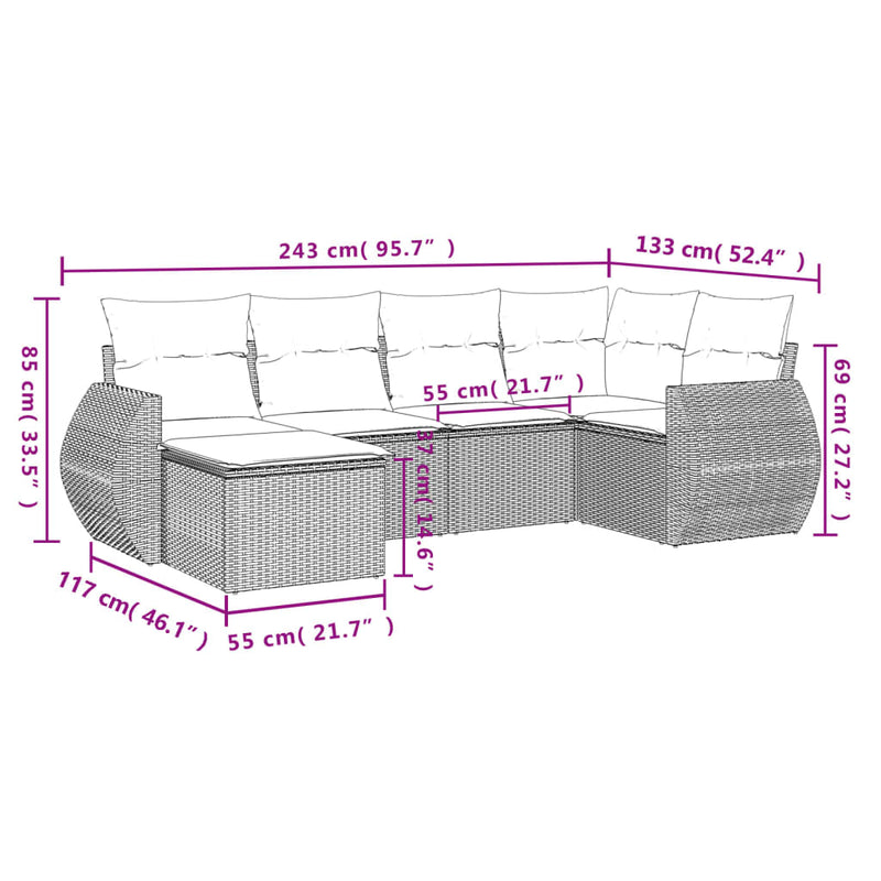 6 Piece Garden Sofa Set with Cushions Grey Poly Rattan