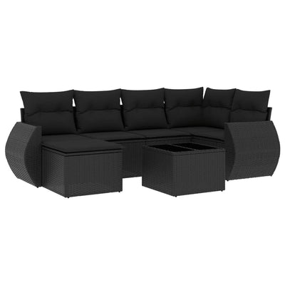 7 Piece Garden Sofa Set with Cushions Black Poly Rattan