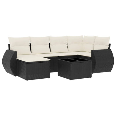 7 Piece Garden Sofa Set with Cushions Black Poly Rattan