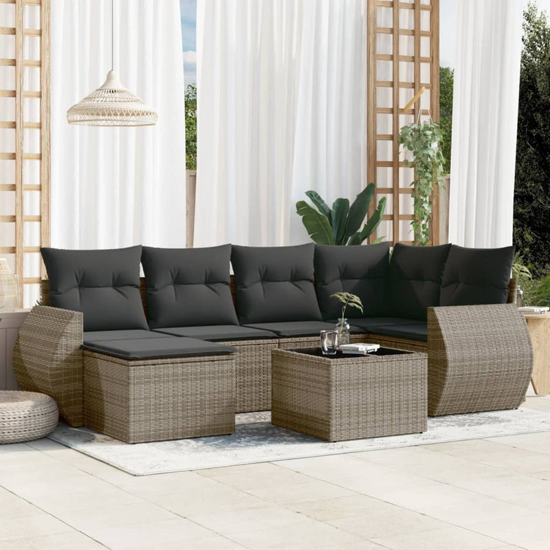 7 Piece Garden Sofa Set with Cushions Grey Poly Rattan