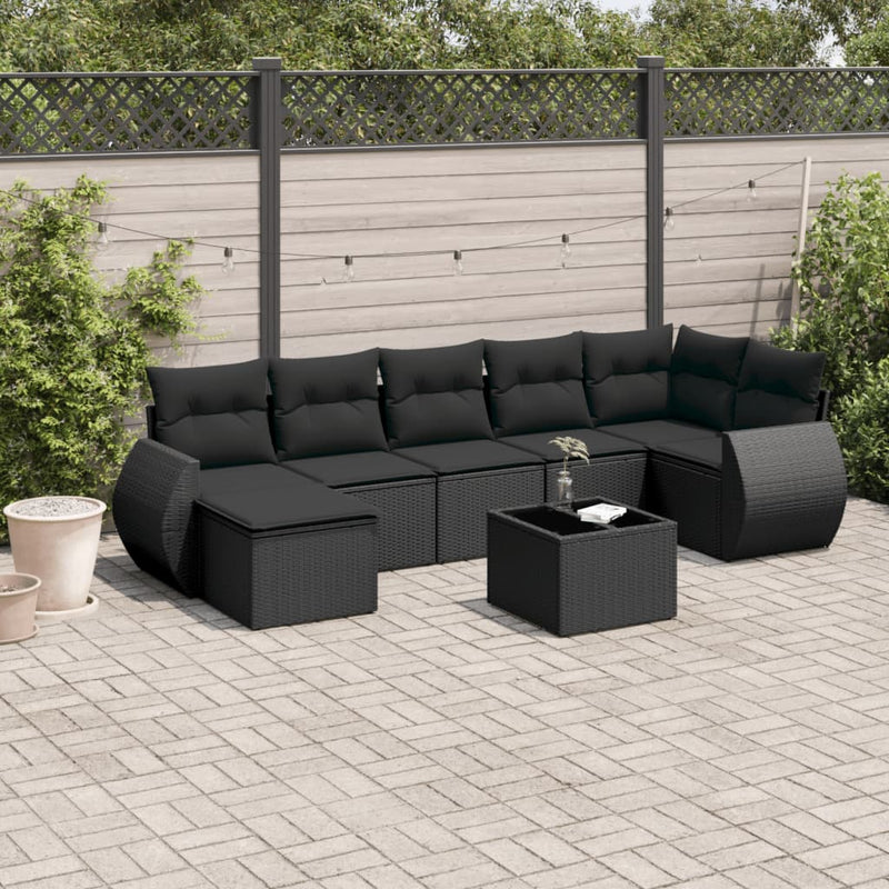 8 Piece Garden Sofa Set with Cushions Black Poly Rattan