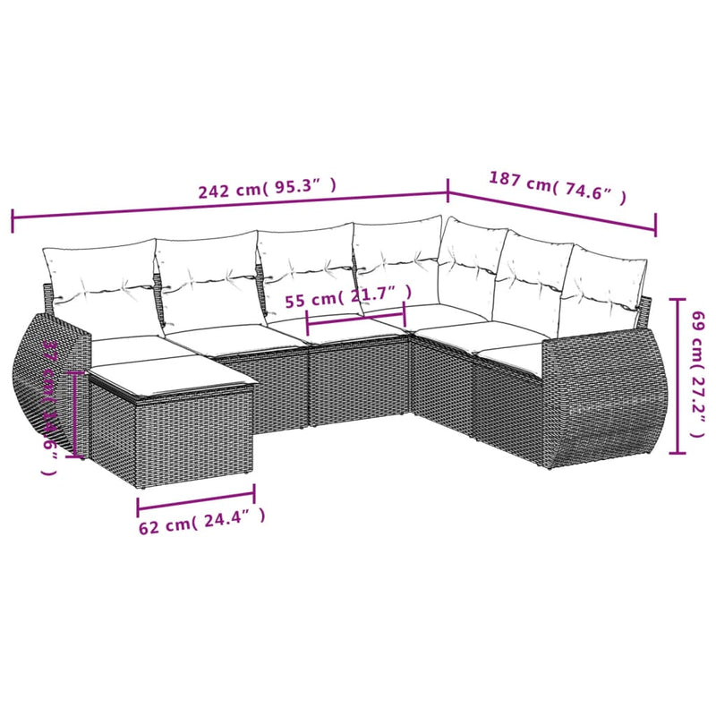 7 Piece Garden Sofa Set with Cushions Grey Poly Rattan