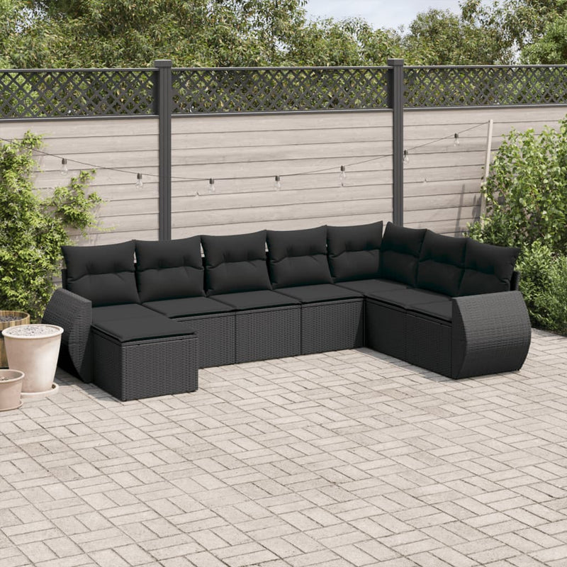 8 Piece Garden Sofa Set with Cushions Black Poly Rattan