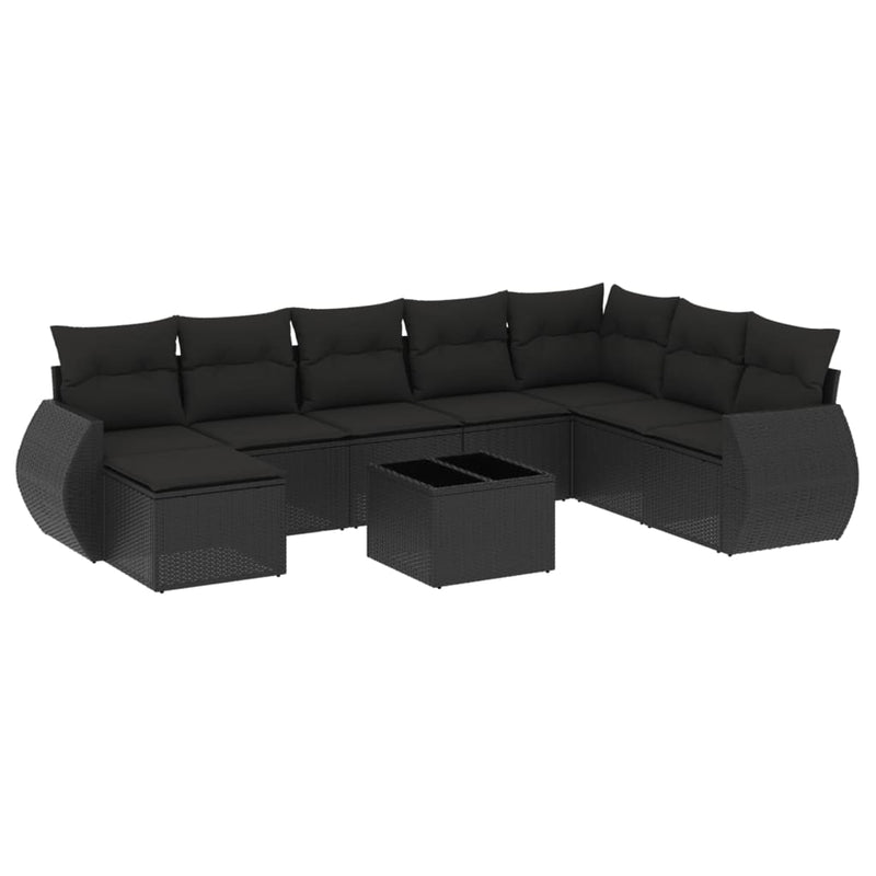 9 Piece Garden Sofa Set with Cushions Black Poly Rattan