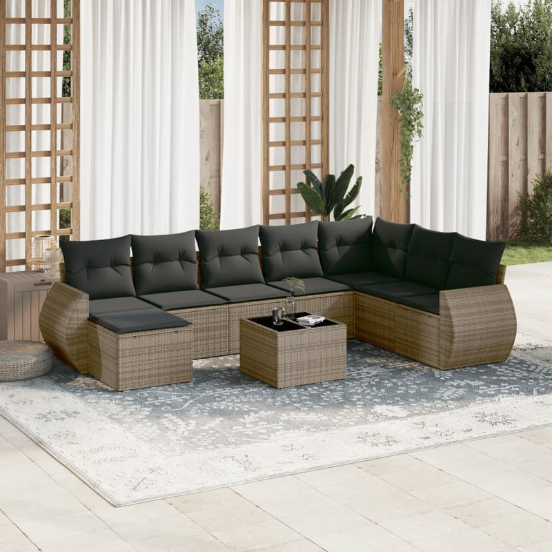 9 Piece Garden Sofa Set with Cushions Grey Poly Rattan