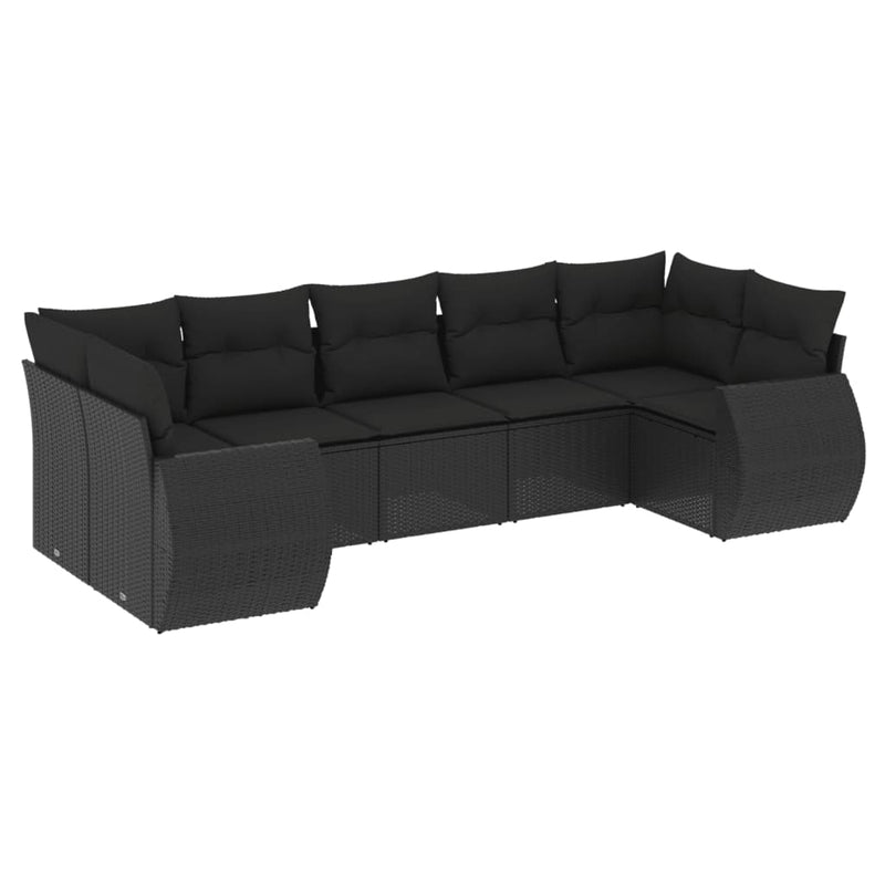 7 Piece Garden Sofa Set with Cushions Black Poly Rattan