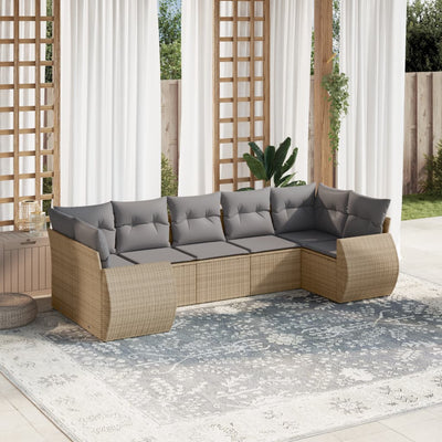 7 Piece Garden Sofa Set with Cushions Beige Poly Rattan