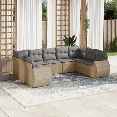 9 Piece Garden Sofa Set with Cushions Beige Poly Rattan