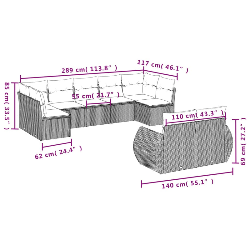 9 Piece Garden Sofa Set with Cushions Beige Poly Rattan