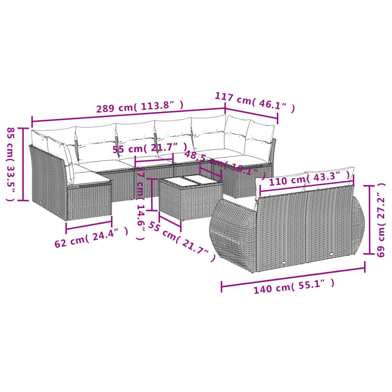 10 Piece Garden Sofa Set with Cushions Beige Poly Rattan